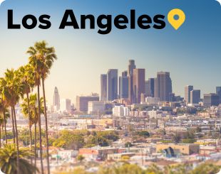 Palm trees and Los Angeles skyline at sunset Los Angeles USA